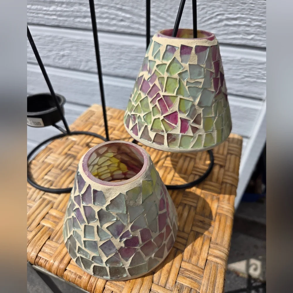 Mosaic Stained Glass Hanging Candle Holders - Multicolor - Set Of 2
